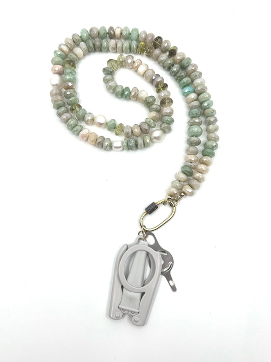 Needle Art Necklace - Sage Green Moonstone and Pearl