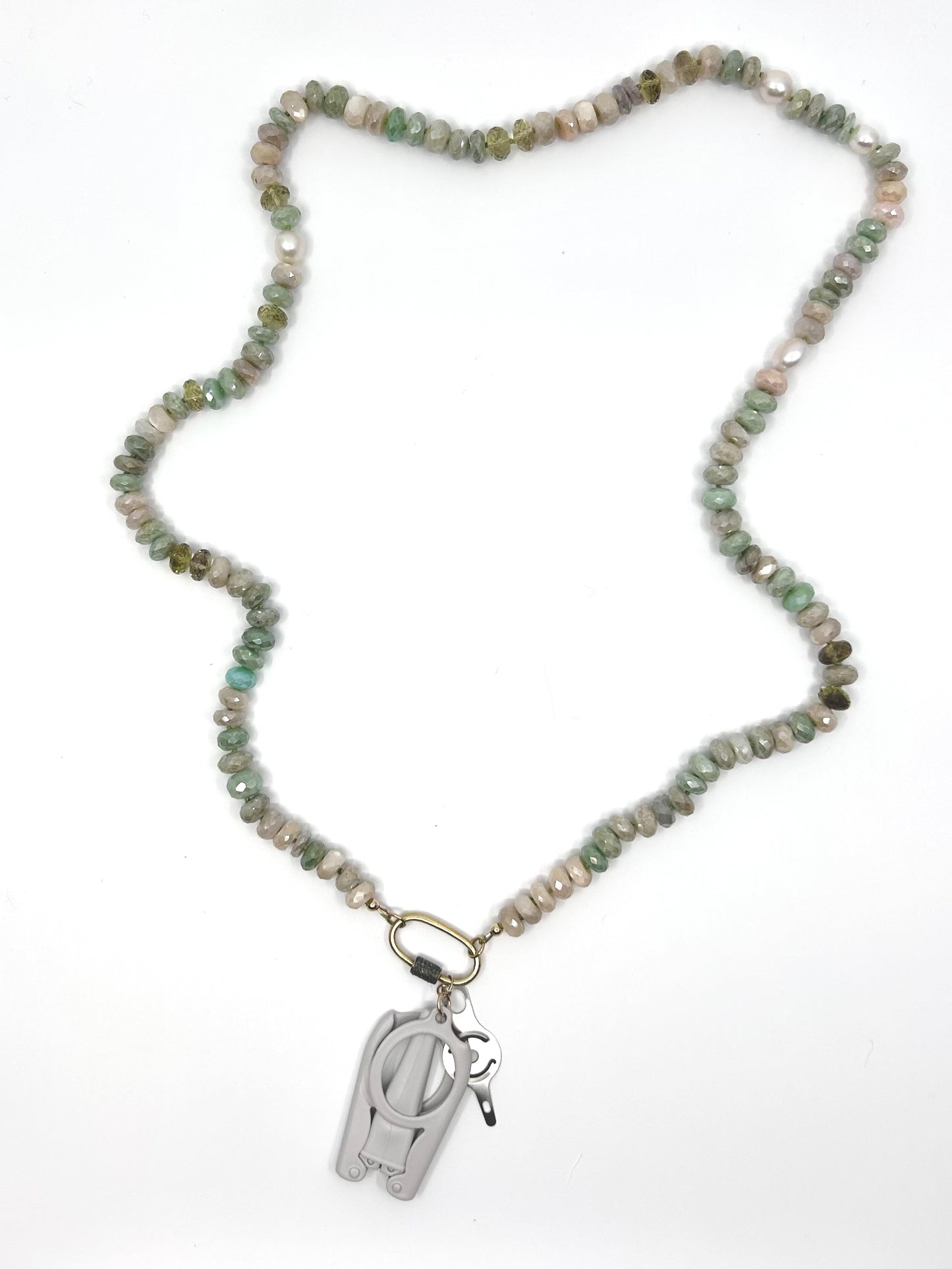 Needle Art Necklace - Sage Green Moonstone and Pearl