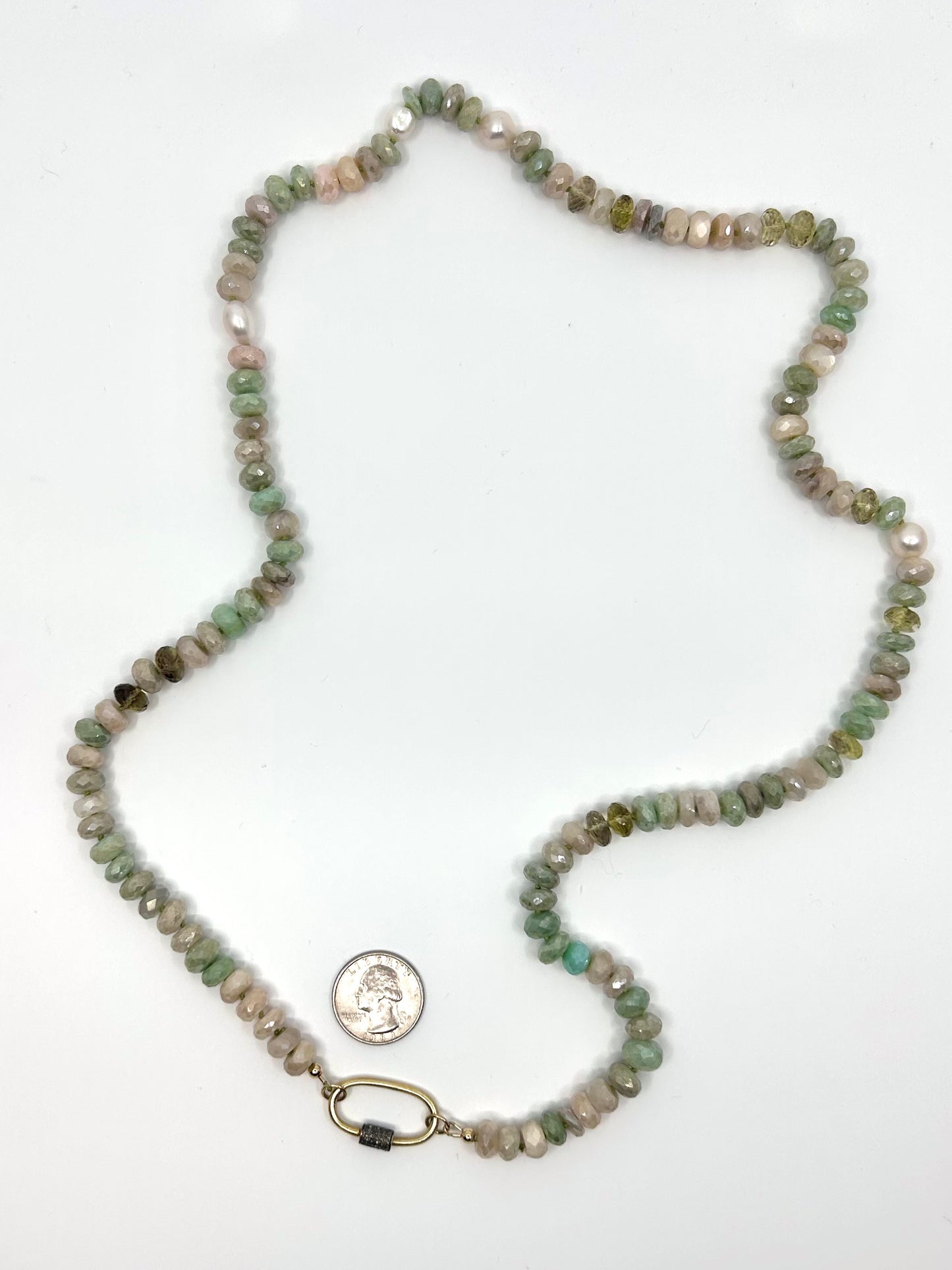 Needle Art Necklace - Sage Green Moonstone and Pearl